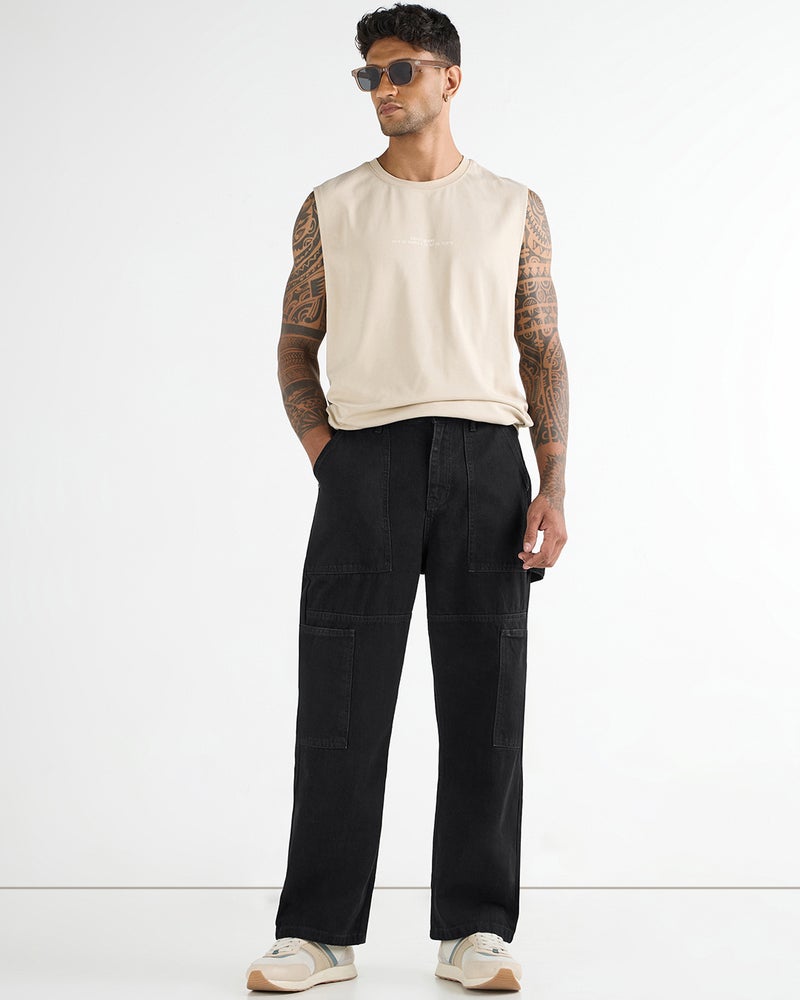 bewakoof Men's Black Washed Baggy Fit Carpenter Jeans - Image 4